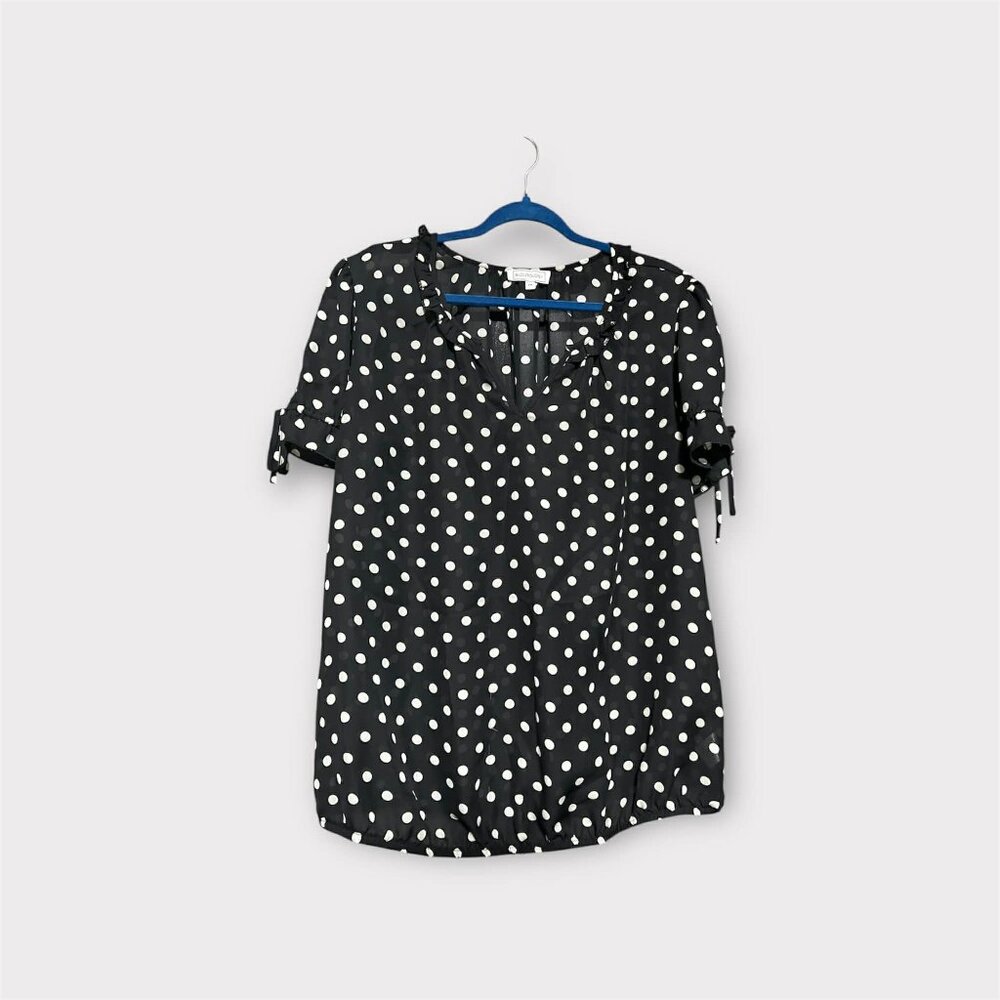 Blousology Sheer Polka Dot Blouse with Sleeve Bows | Black & White | Size 1X